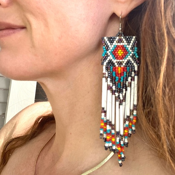 White Free People Beaded Southwestern Earrings - Picture 5 of 5